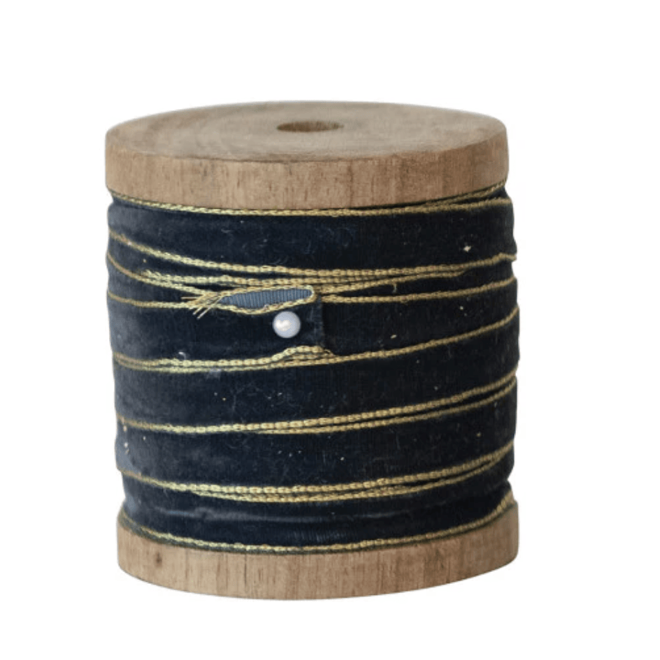 Velvet Ribbon with Metallic Edge - Blue Tones | 1/4" Width | 10 Yards on Wood Spool