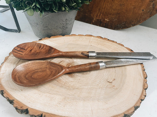 Wooden and Pewter Salad Servers