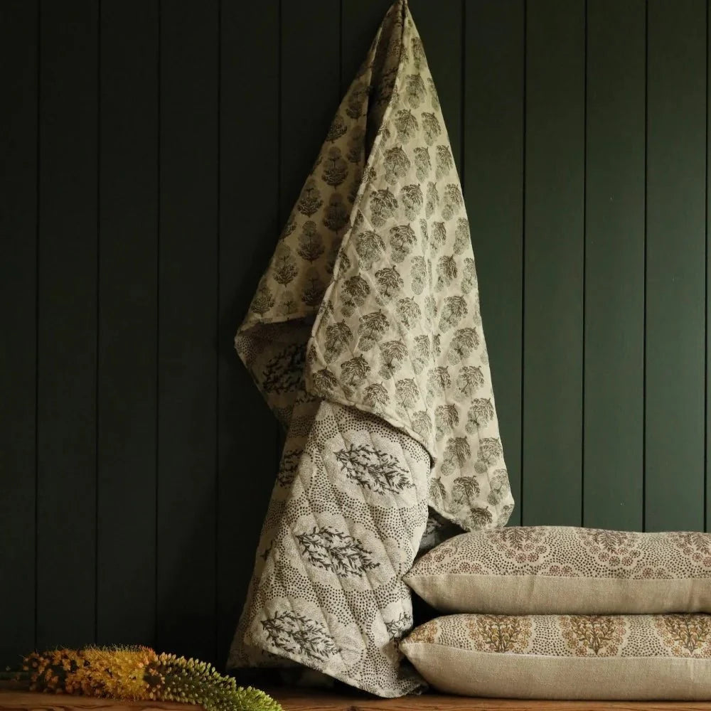 White Cliff Studio Fleur Linen & Cotton Block Print Quilted Coverlet