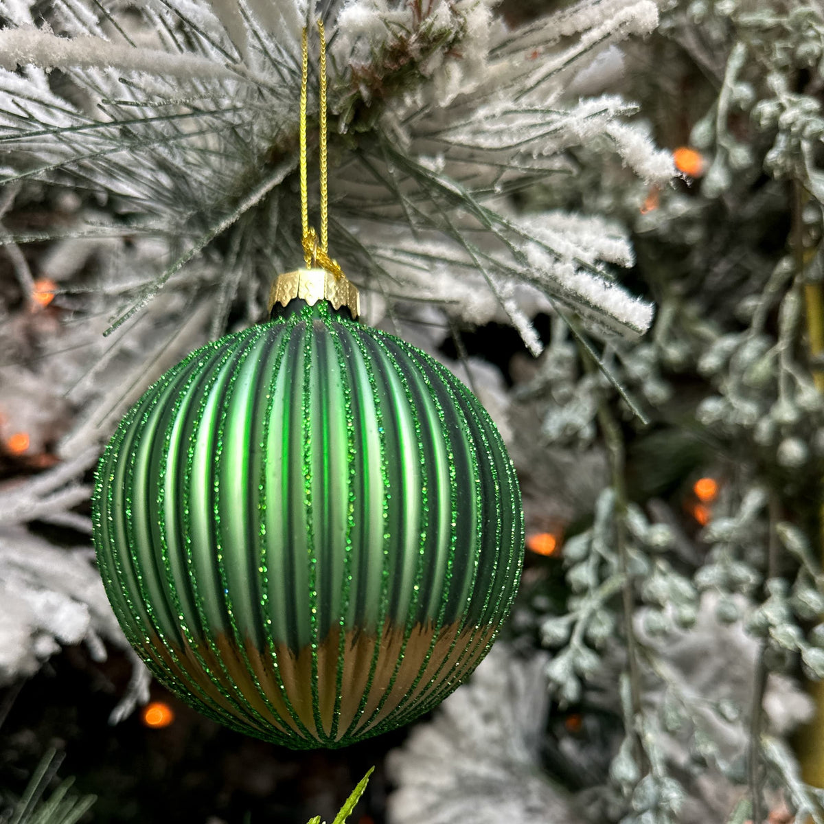 Green Glitter Ribbed Glass Ornament with Gold Bottom - 3.5" Christmas Decor