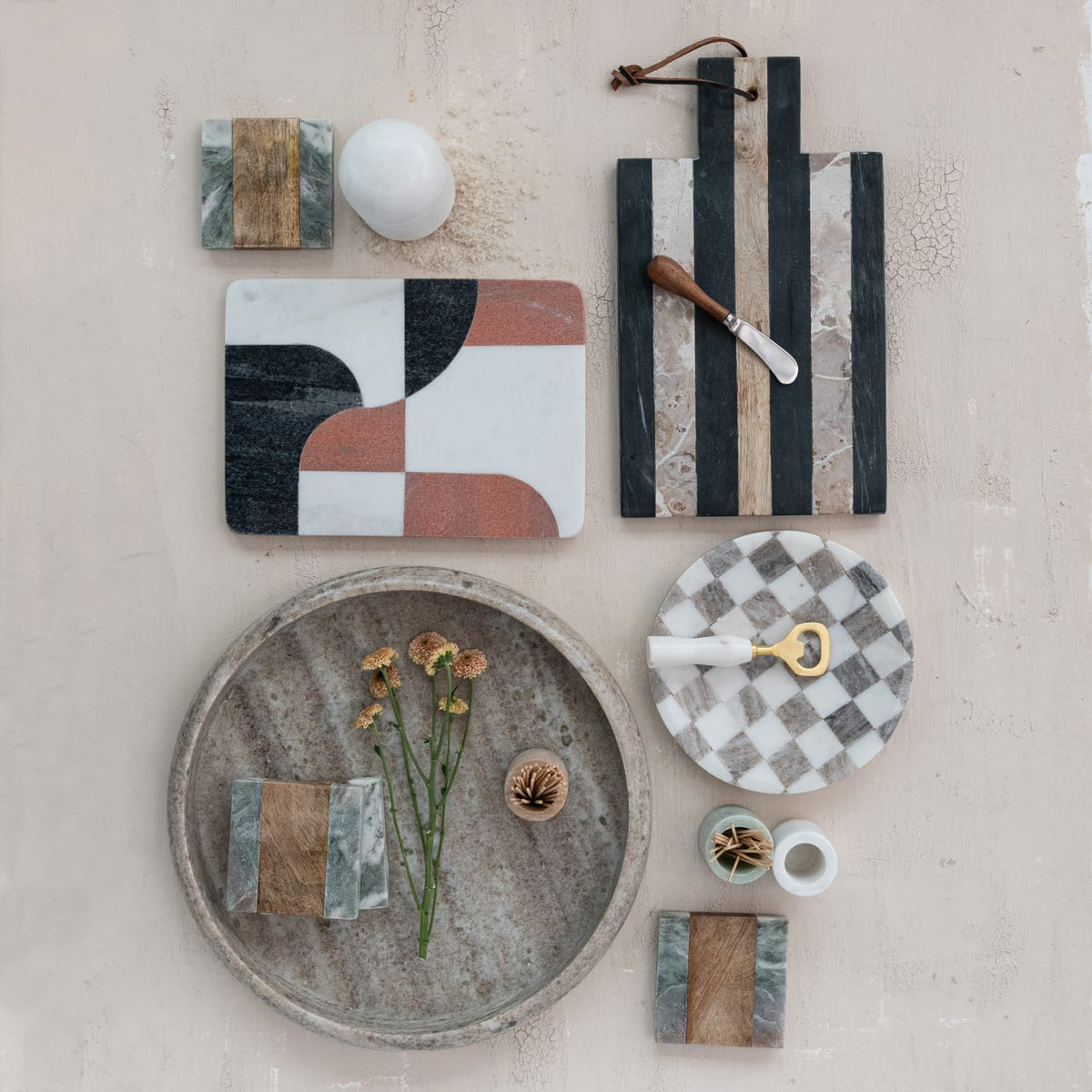 Marble Checkered Cheese Board & Serving Tray - Buff & White