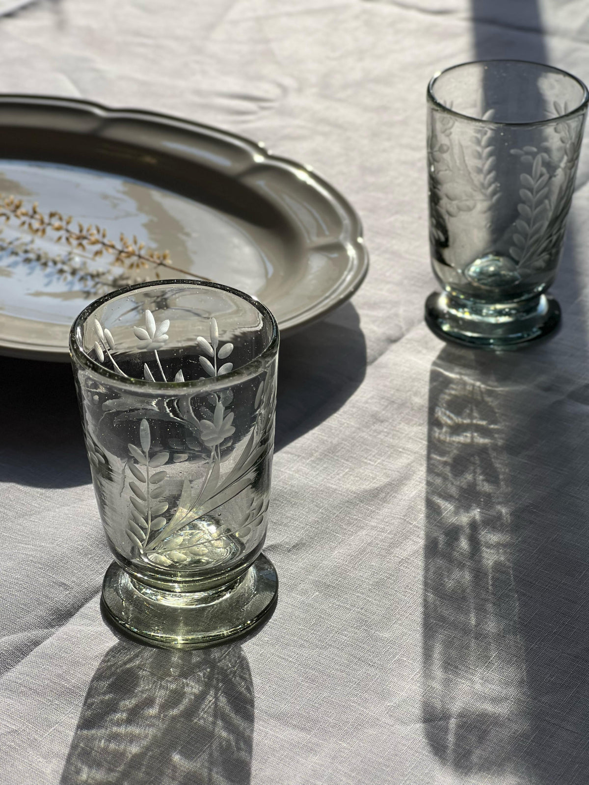 Hand-etched Blown Footed Glass