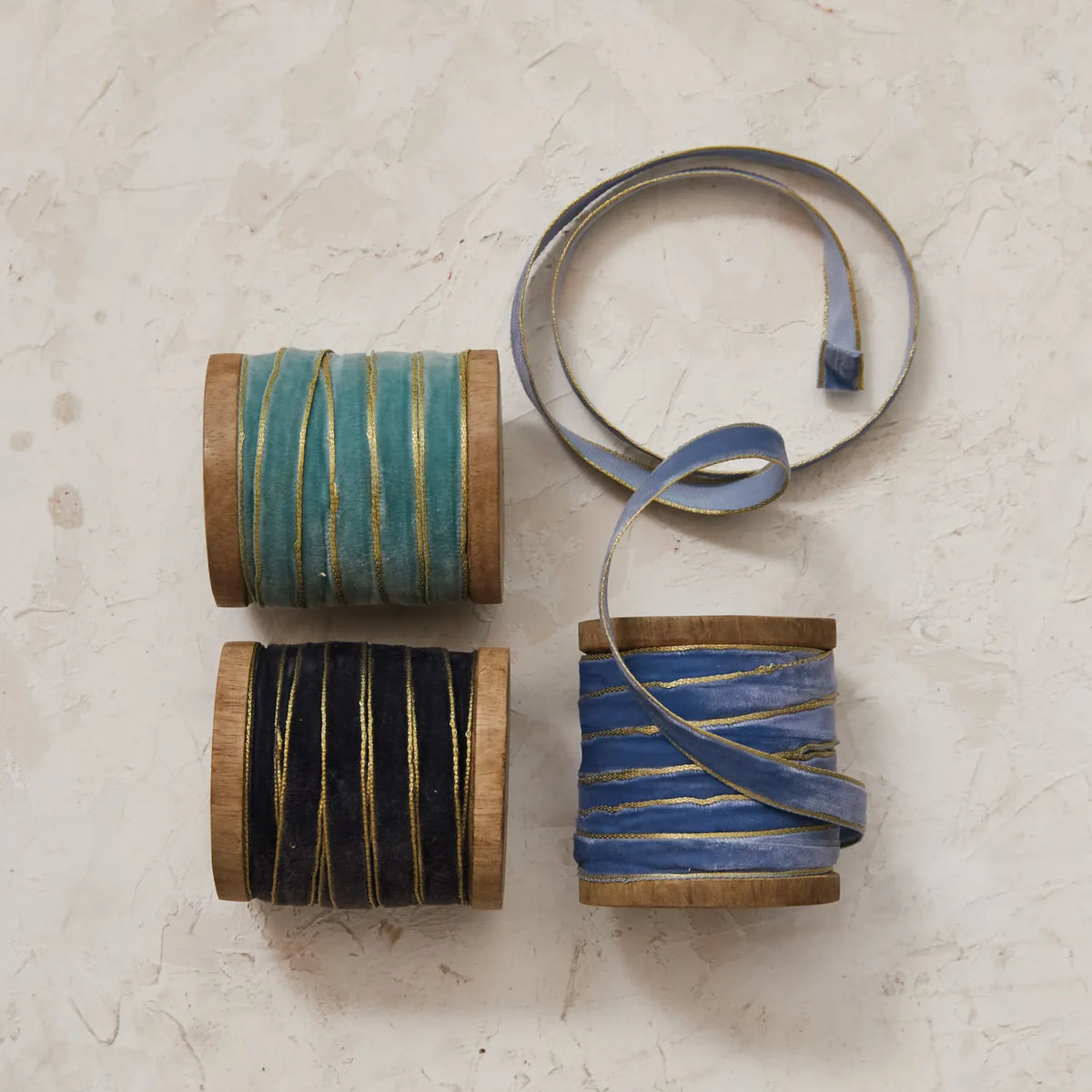 Velvet Ribbon with Metallic Edge - Blue Tones | 1/4" Width | 10 Yards on Wood Spool