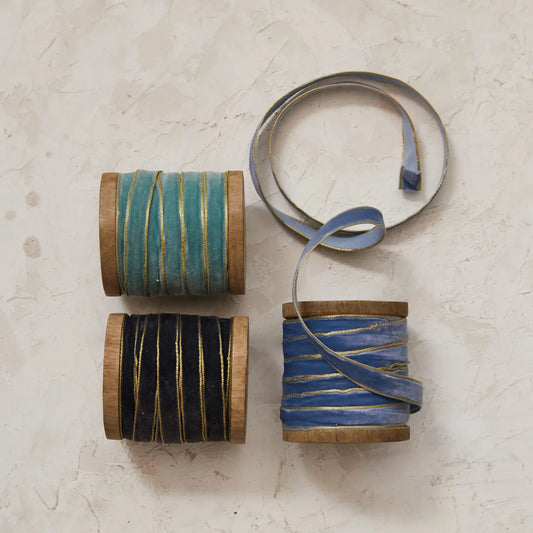 Velvet Ribbon with Metallic Edge - Blue Tones | 1/4" Width | 10 Yards on Wood Spool