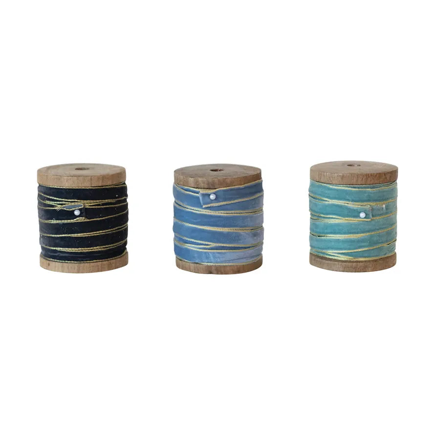 Velvet Ribbon with Metallic Edge - Blue Tones | 1/4" Width | 10 Yards on Wood Spool
