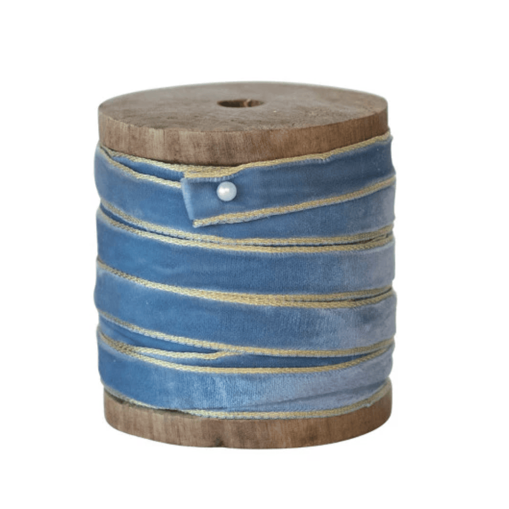 Velvet Ribbon with Metallic Edge - Blue Tones | 1/4" Width | 10 Yards on Wood Spool
