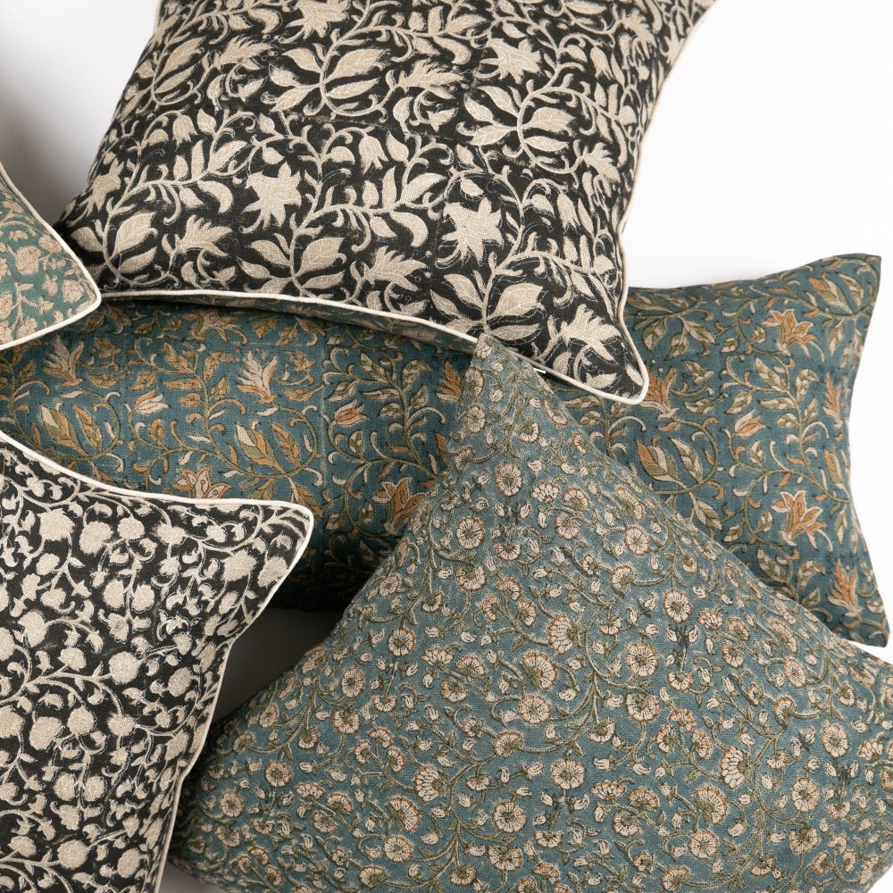 White Cliff Studio Inaya Linen Floral Throw Pillow Cover, Teal