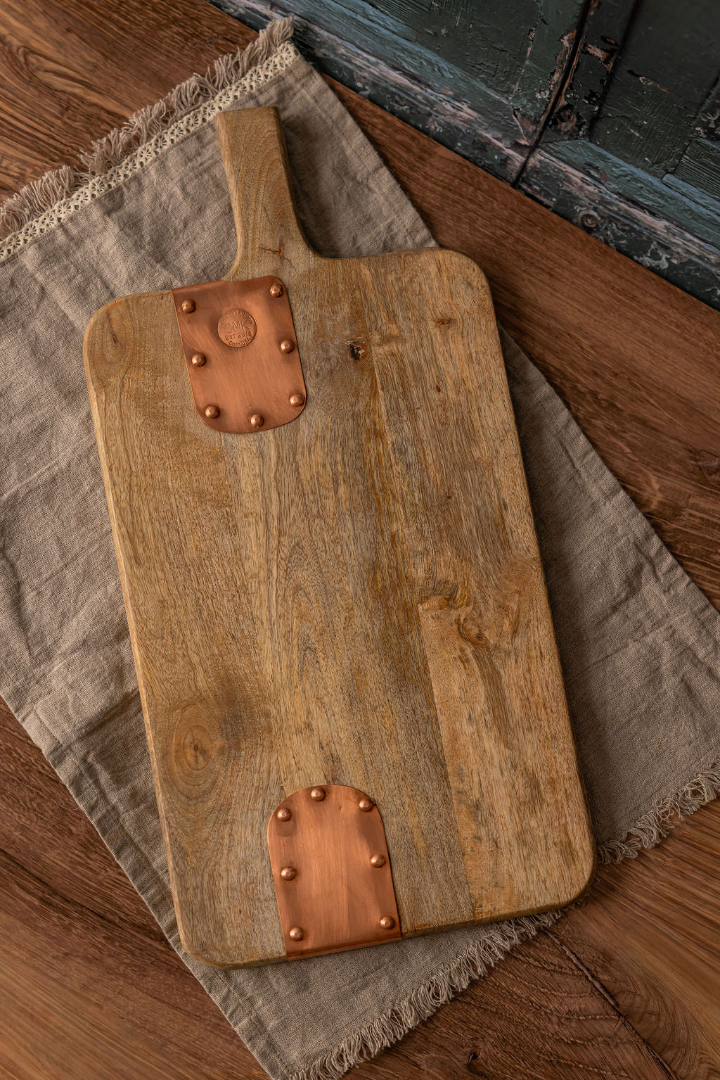 Vintage Inspired Wooden Charcuterie Board with Handmade Copper