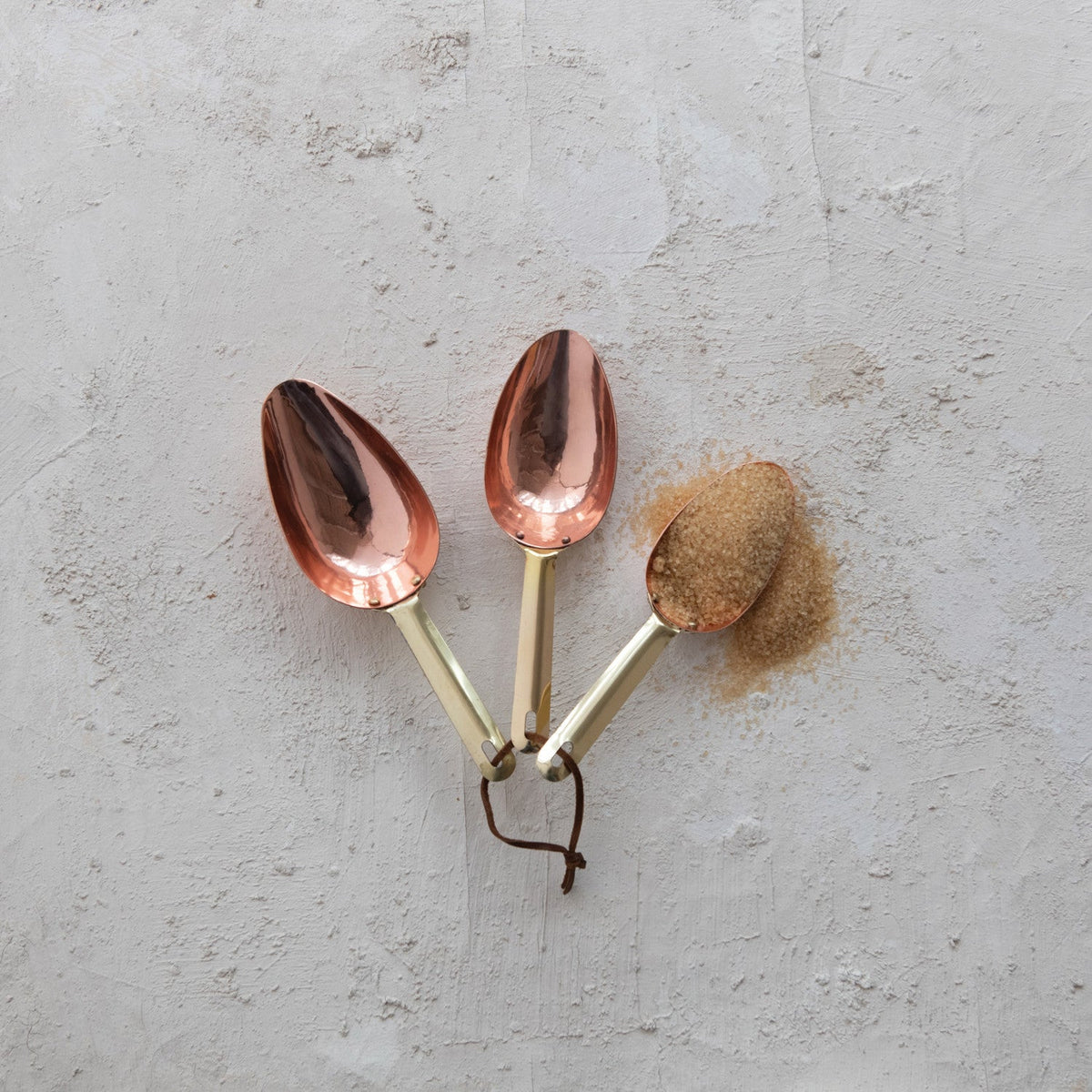Copper & Brass Stainless Steel Scoops with Leather Tie – Set of 3