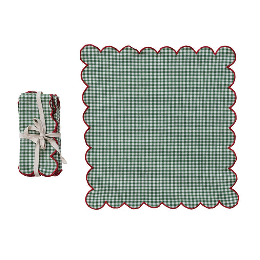 Set of 4 Green, White & Red Gingham Cotton Scalloped Napkins with Stitched Edge
