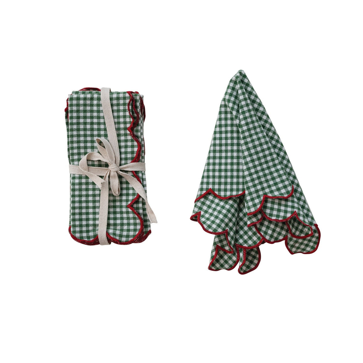Set of 4 Green, White & Red Gingham Cotton Scalloped Napkins with Stitched Edge