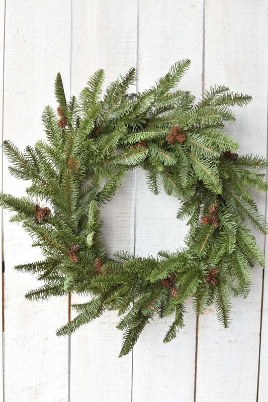 24" Faux Green Spruce Real Touch Wreath w/Faux Pinecones