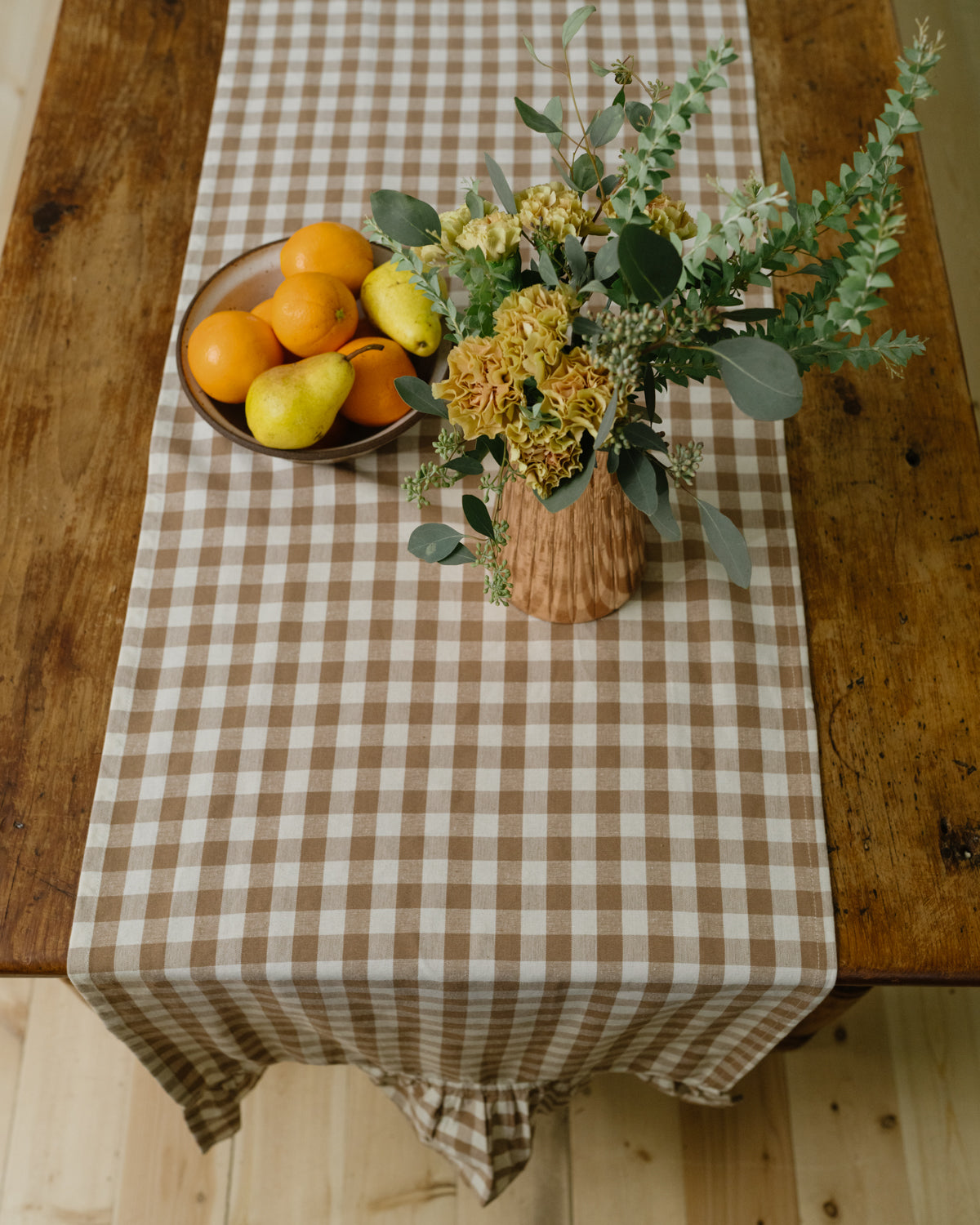 Hazelnut Ruffled Gingham Tablecloth & Table Runner