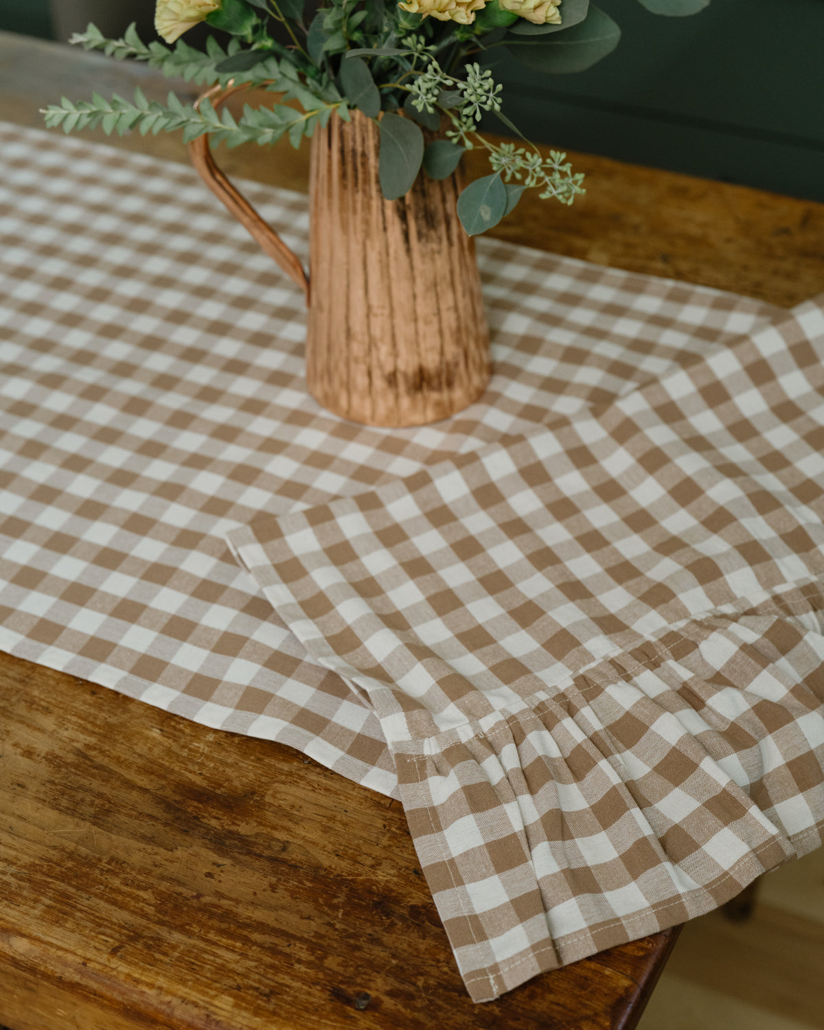 Hazelnut Ruffled Gingham Tablecloth & Table Runner