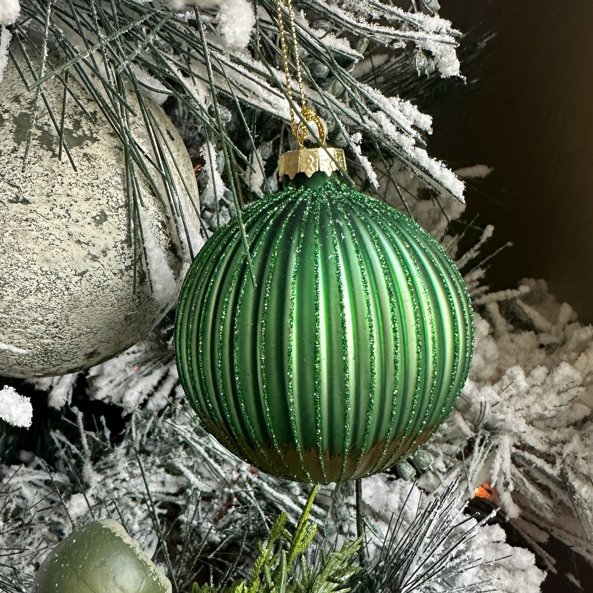 Green Glitter Ribbed Glass Ornament with Gold Bottom - 3.5" Christmas Decor