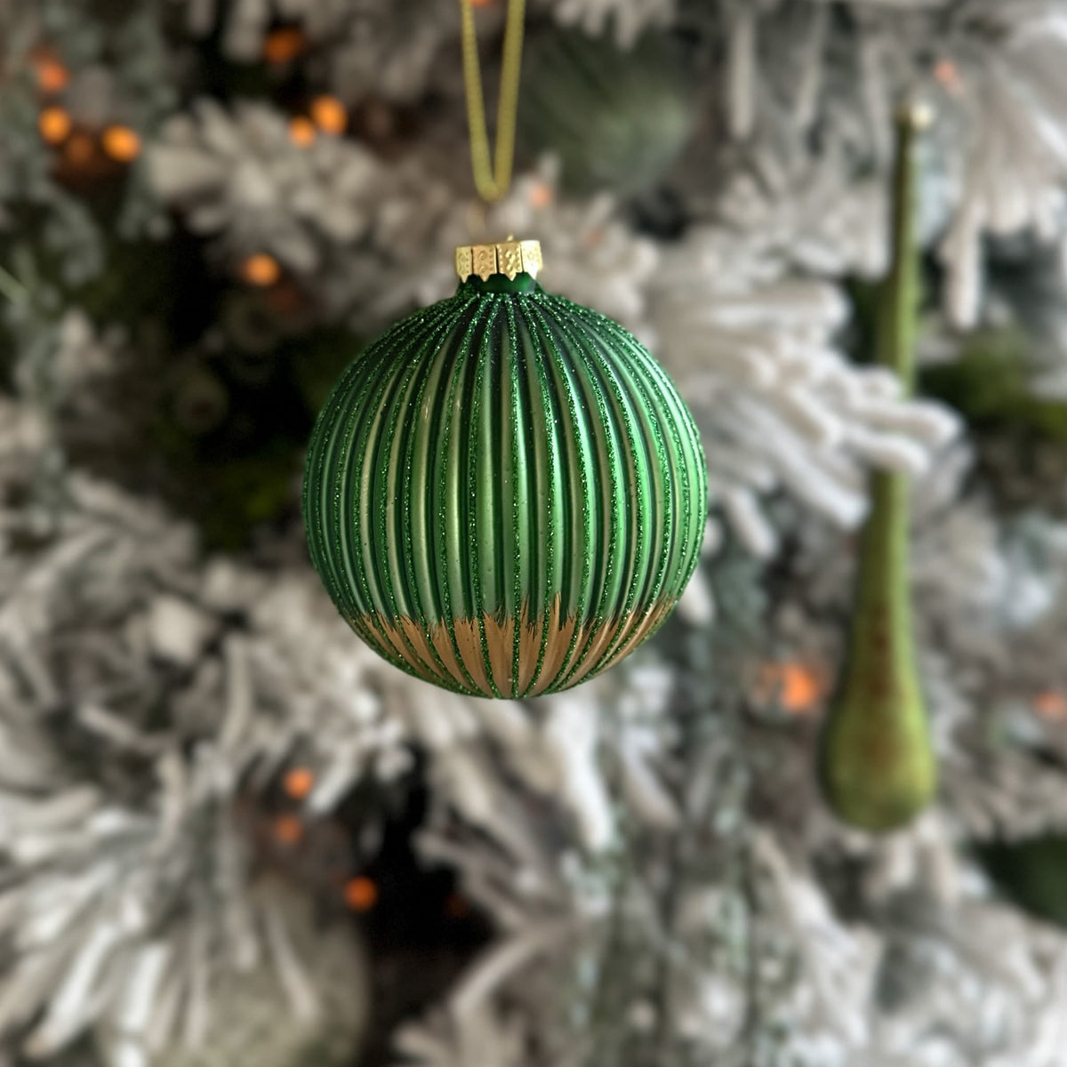 Green Glitter Ribbed Glass Ornament with Gold Bottom - 3.5" Christmas Decor