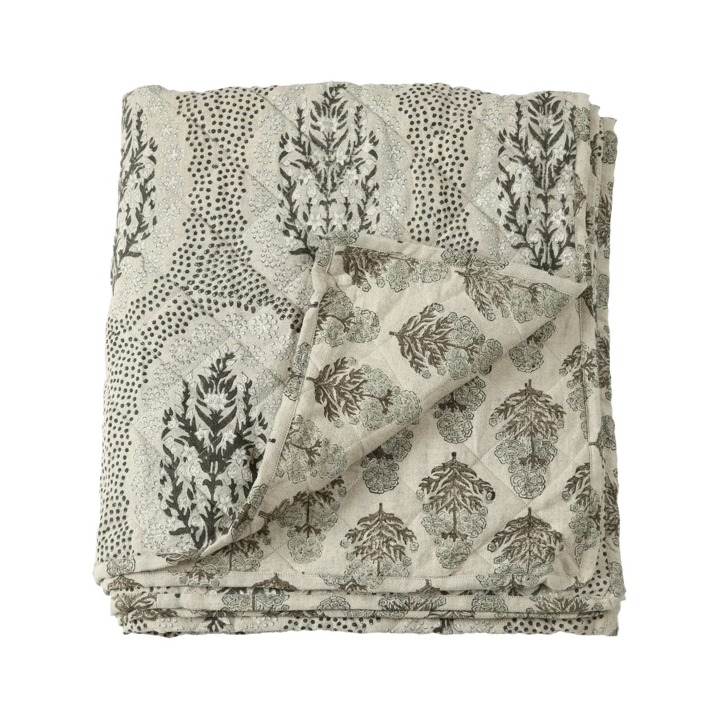 White Cliff Studio Fleur Linen & Cotton Block Print Quilted Coverlet