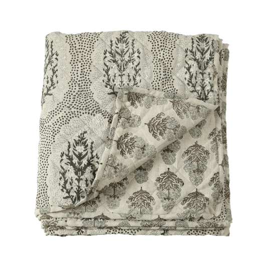 White Cliff Studio Fleur Linen & Cotton Block Print Quilted Coverlet