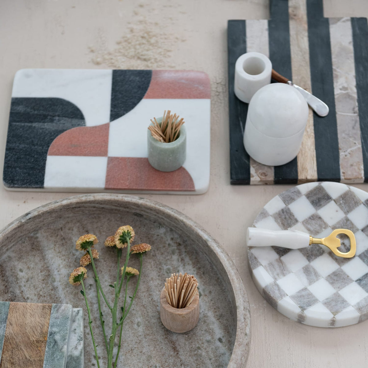 Marble Checkered Cheese Board & Serving Tray - Buff & White