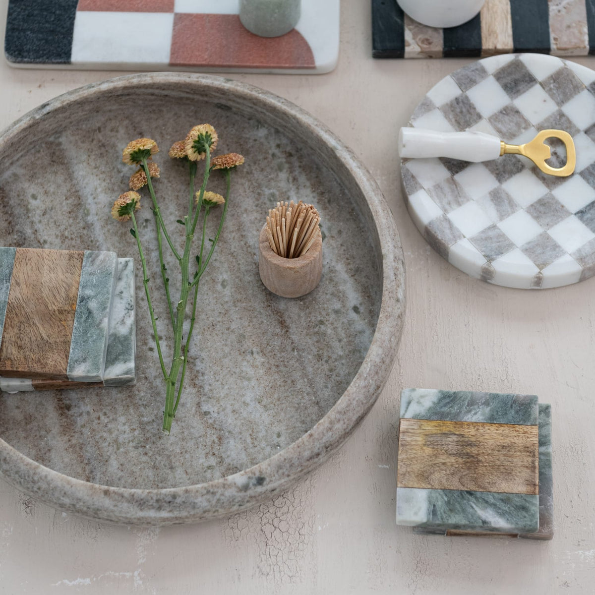 Marble Checkered Cheese Board & Serving Tray - Buff & White