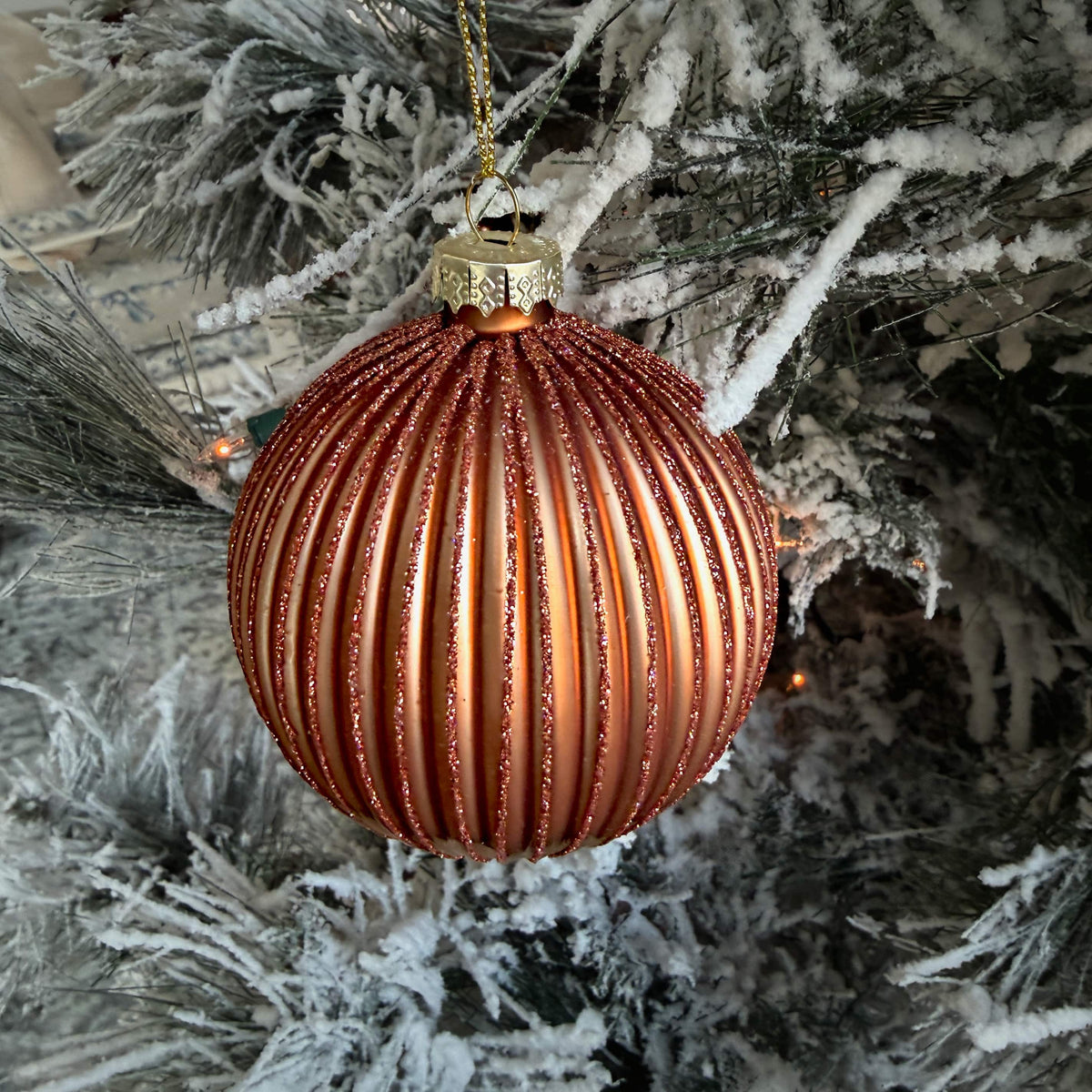 Copper Glitter Ribbed Glass Ornament - 3.5" Metallic Christmas Decor