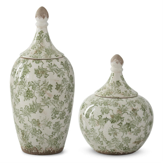 Green & Cream Crackled Ceramic Chinoiserie Ginger Jars Set of 2 - Decorative Vases with Lids