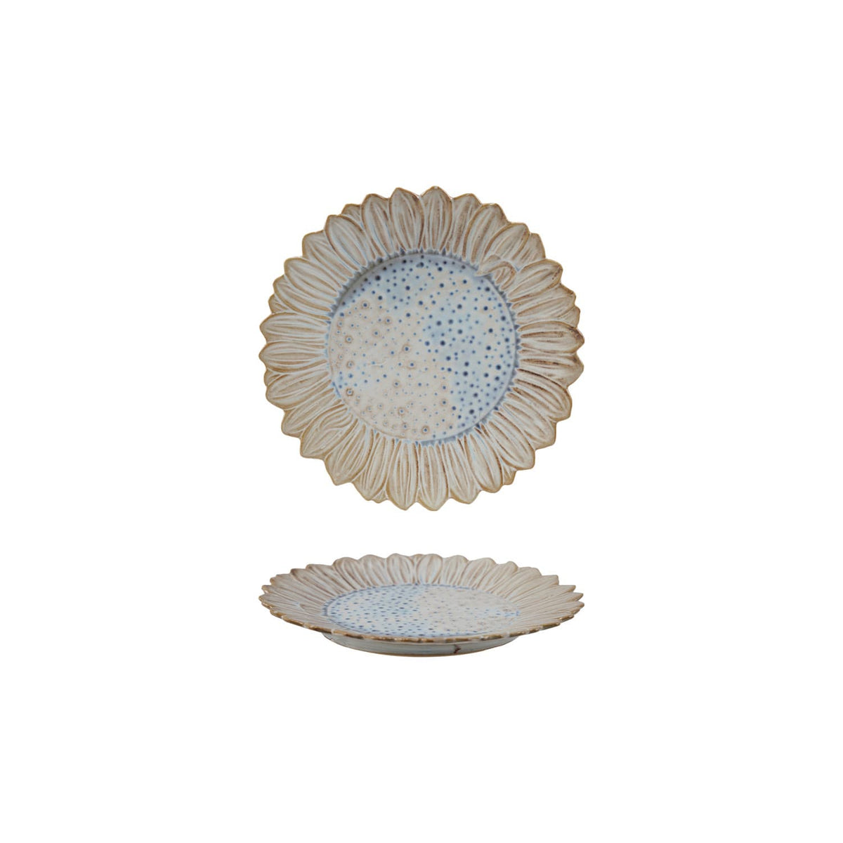 Flower Shaped Stoneware Plate - White & Blue Reactive Glaze - Unique Artisan Design