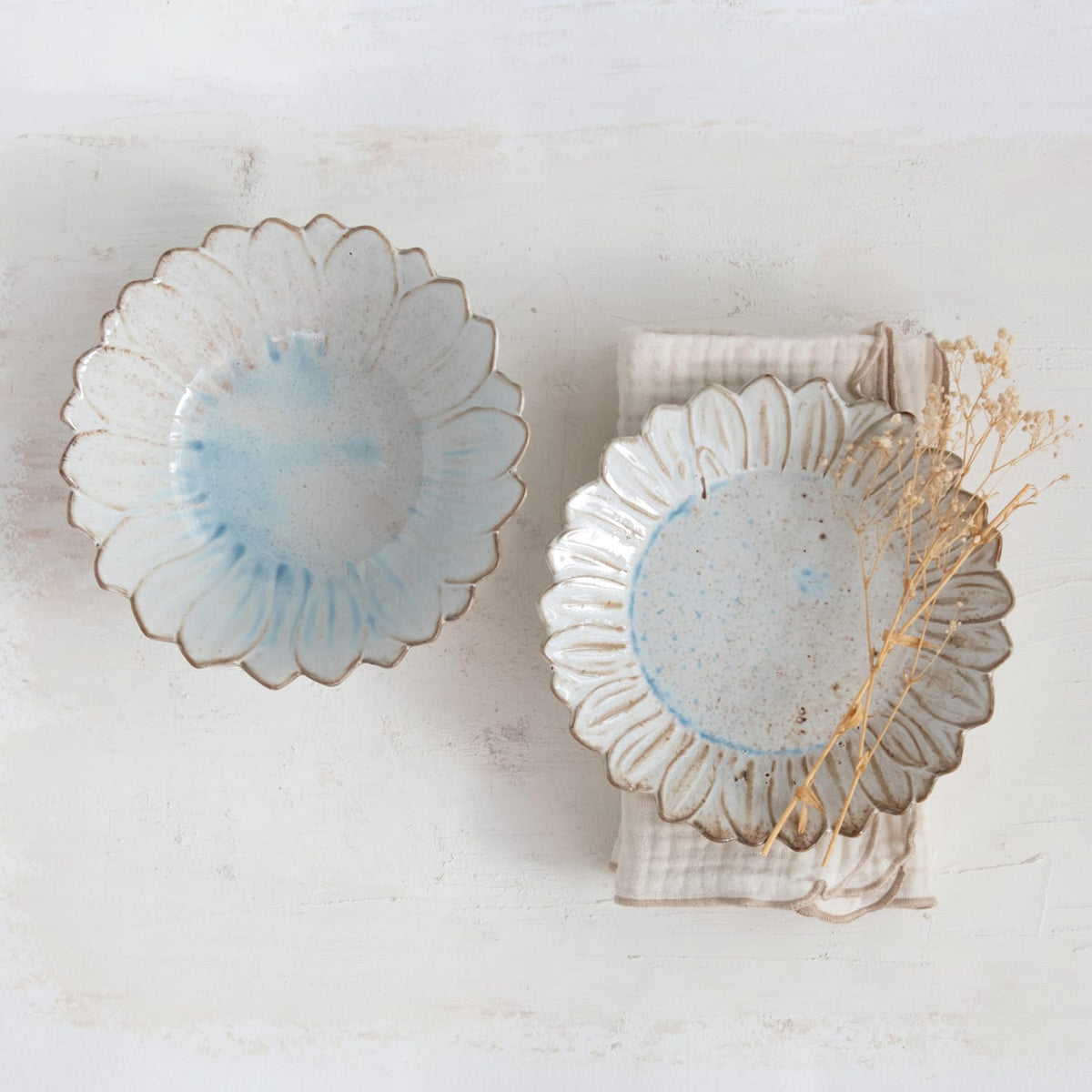 Flower Shaped Stoneware Plate - White & Blue Reactive Glaze - Unique Artisan Design