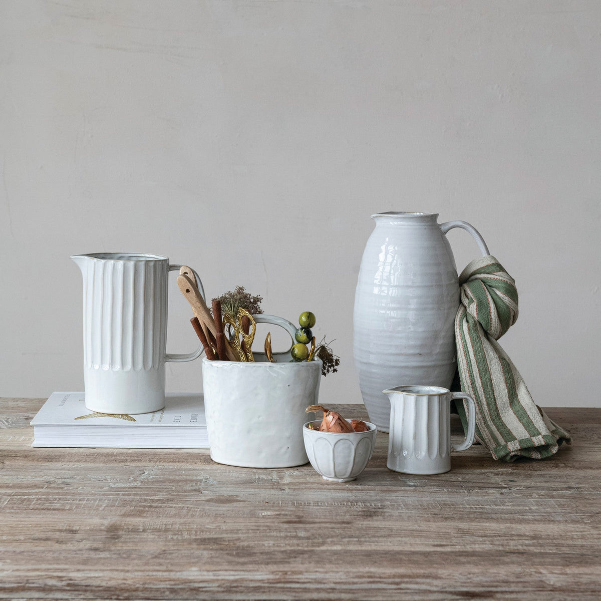White Ribbed Stoneware Pitcher – 1-3/4 Quart