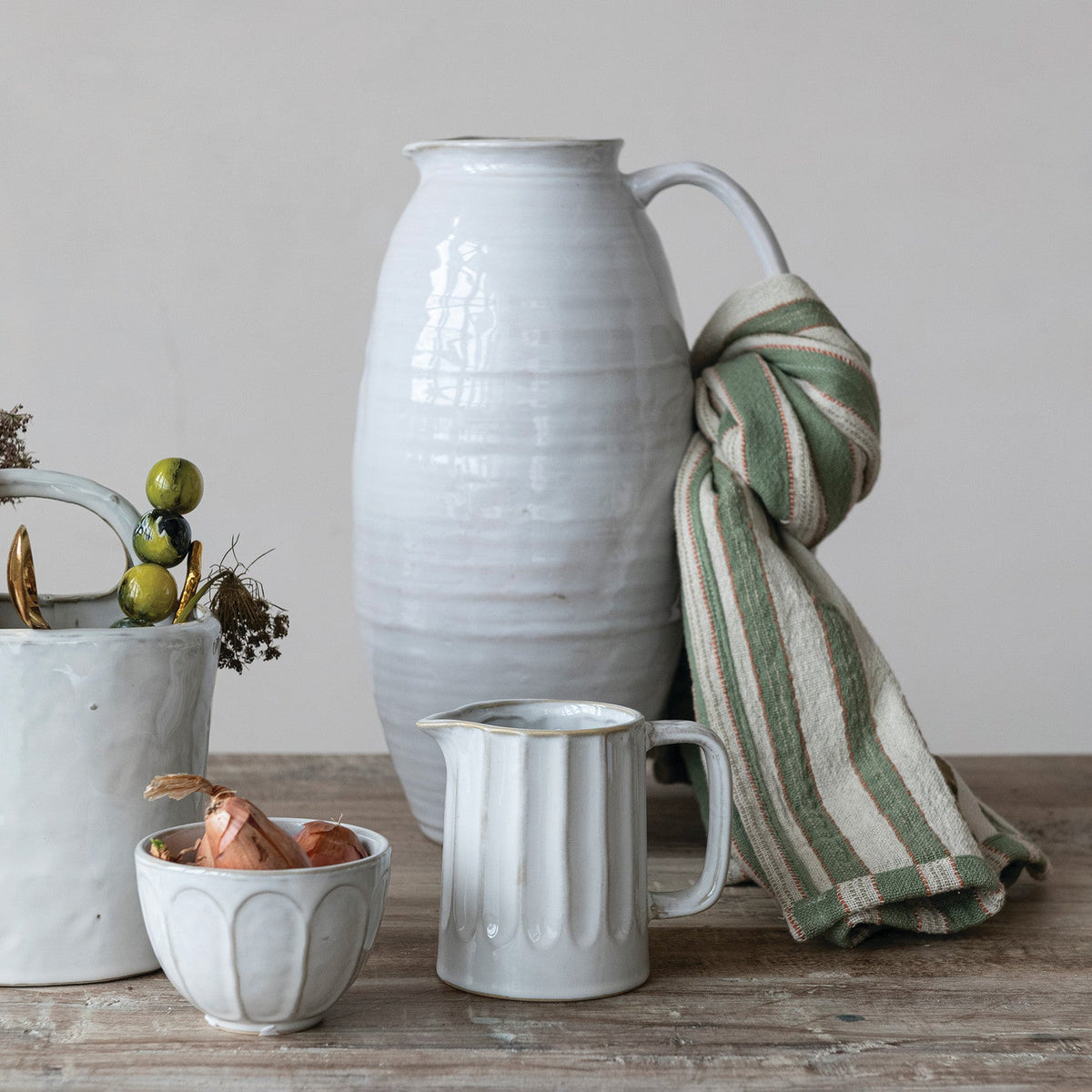 White Stoneware Pitcher – 3-3/4 Quart, 12.5"