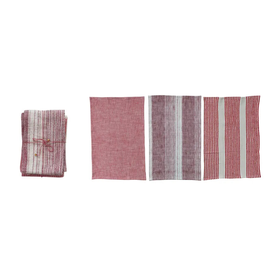 Red & White Woven Tea Towels - Set of 3 with Twine