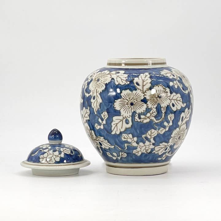 Blue & White Chinoiserie Floral Jar 10.5"
