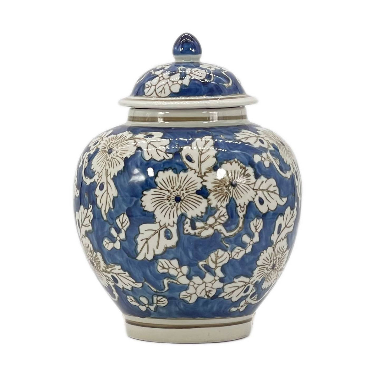 Blue & White Chinoiserie Floral Jar 10.5"