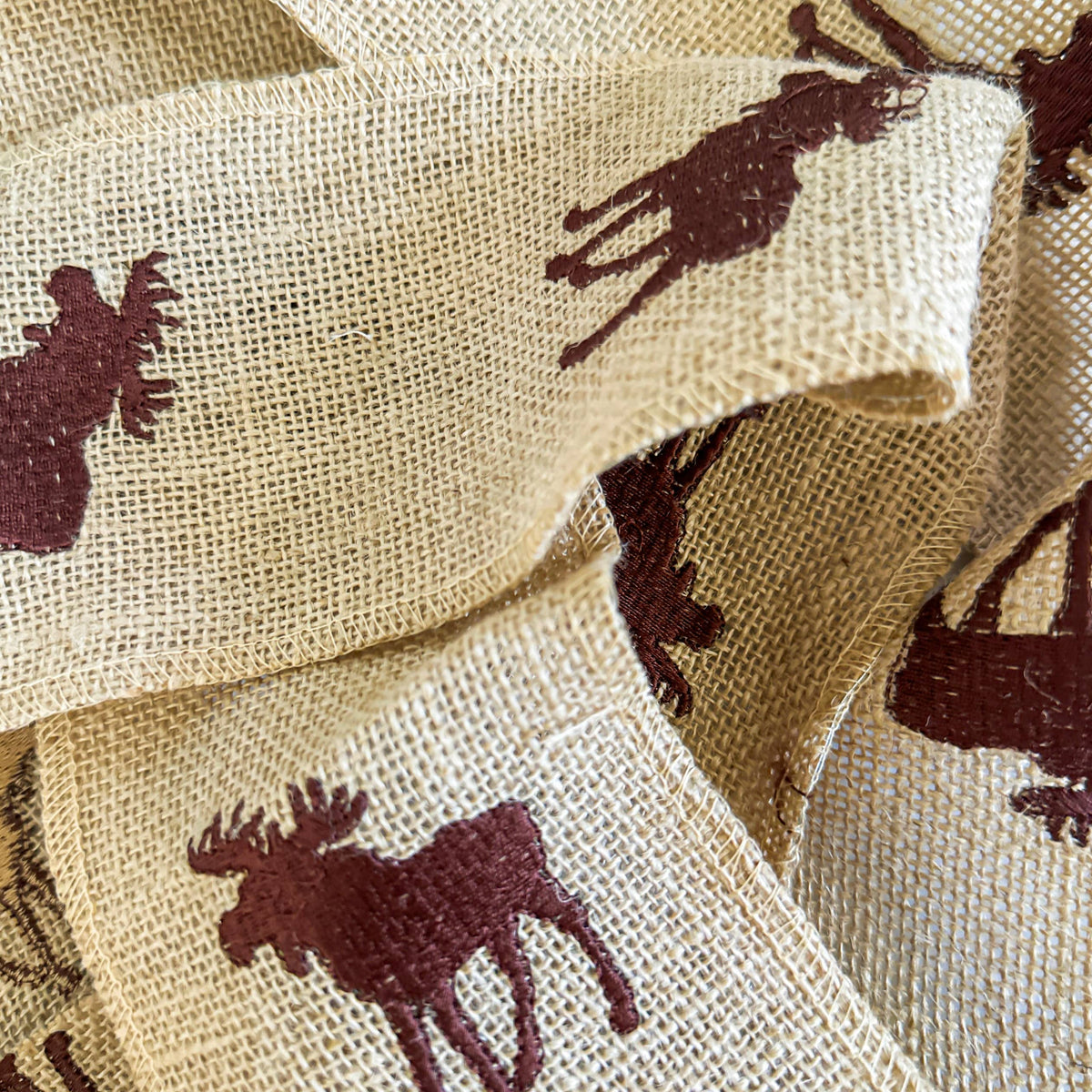 Burlap Ribbon - Embroidered Moose Design | 4" Width | 5 Yard Roll