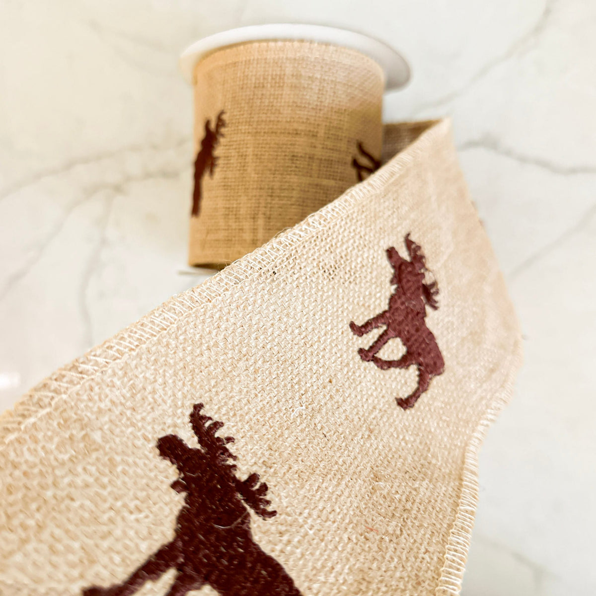 Burlap Ribbon - Embroidered Moose Design | 4" Width | 5 Yard Roll