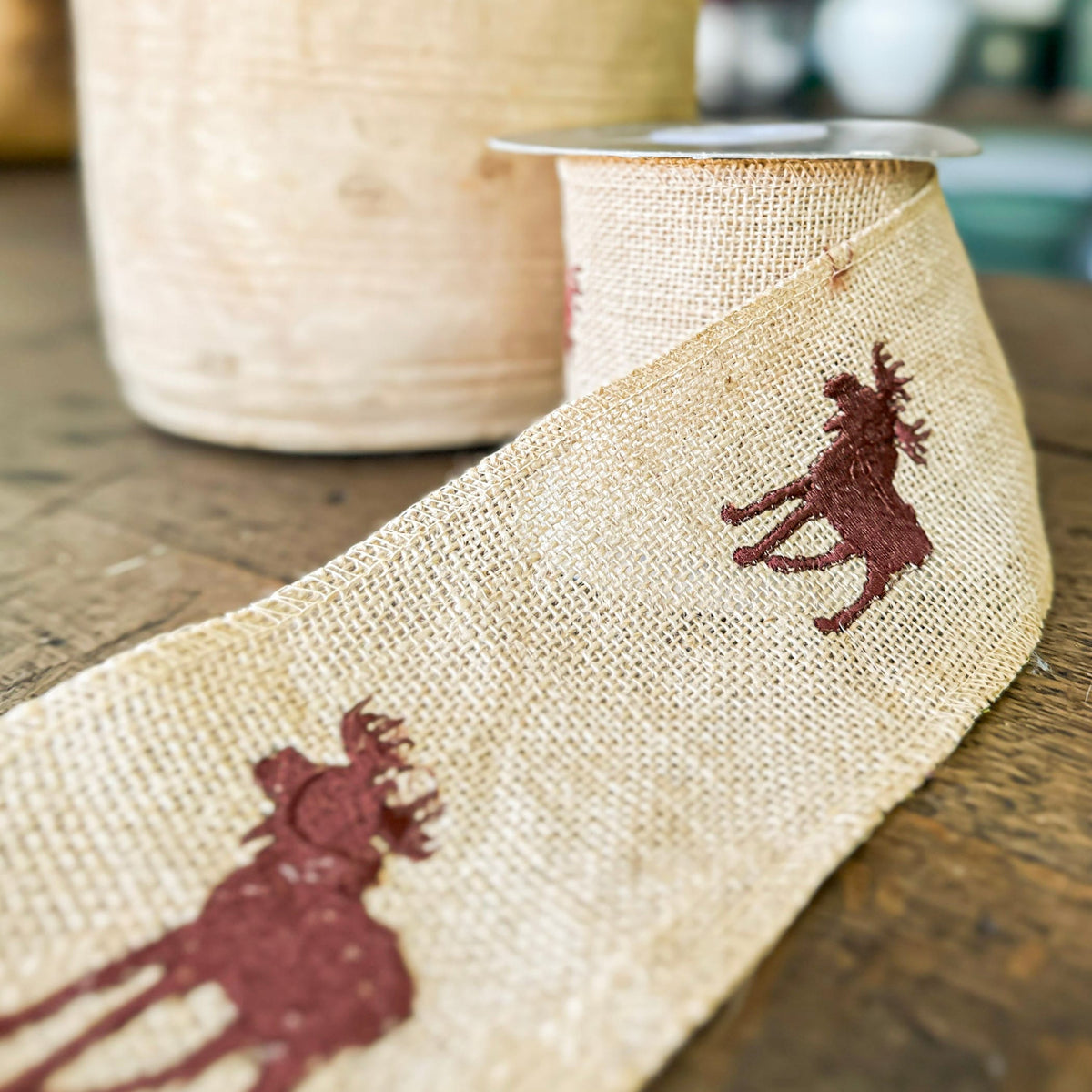 Burlap Ribbon - Embroidered Moose Design | 4" Width | 5 Yard Roll