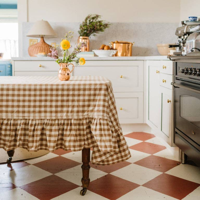 Hazelnut Ruffled Gingham Tablecloth & Table Runner