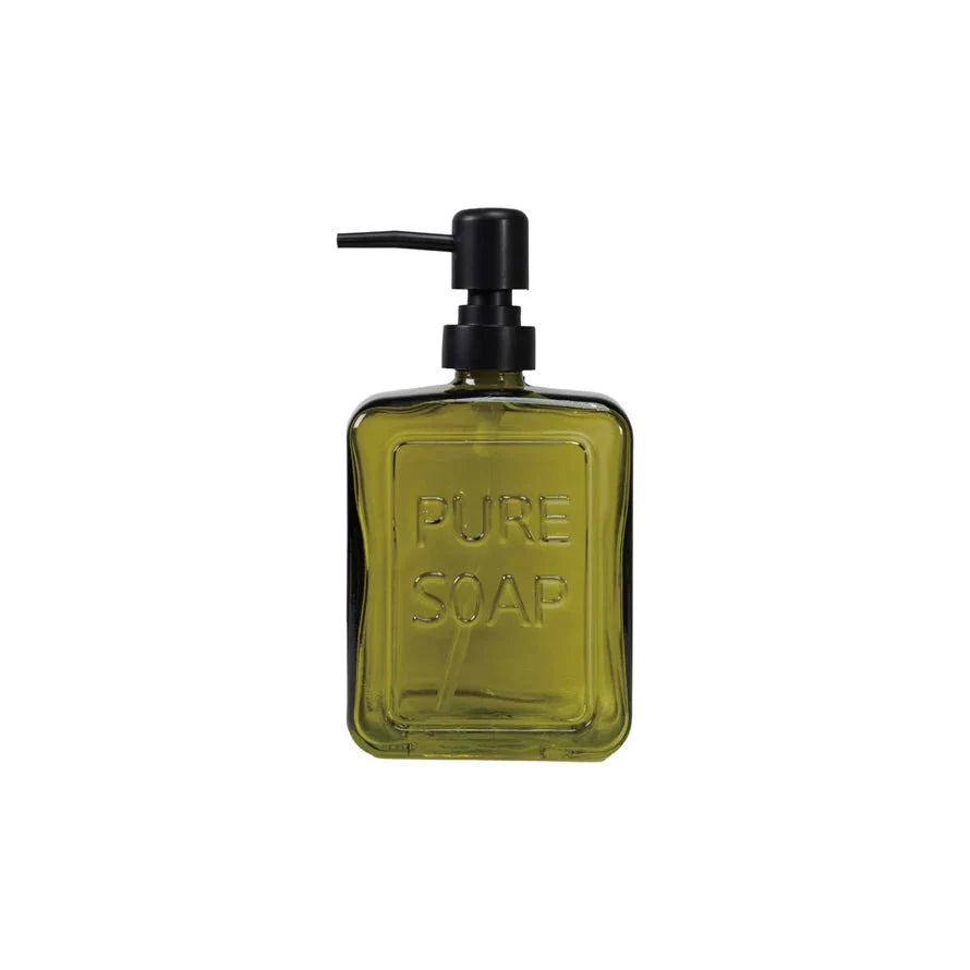 White Cliff Studio Olive Green Glass Soap Dispenser – “Pure Soap” Design