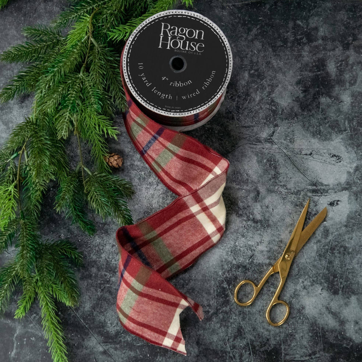 4" Red, Green & Ivory Plaid Ribbon - 7.5 Yards