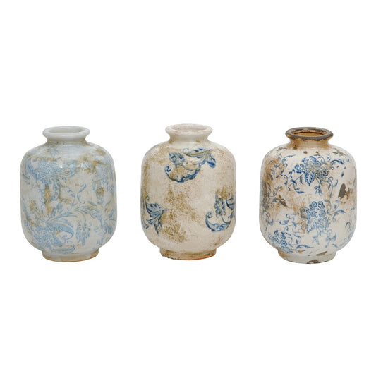 Set of Three Blue and White Vintage Terracotta Vase - Three Styles