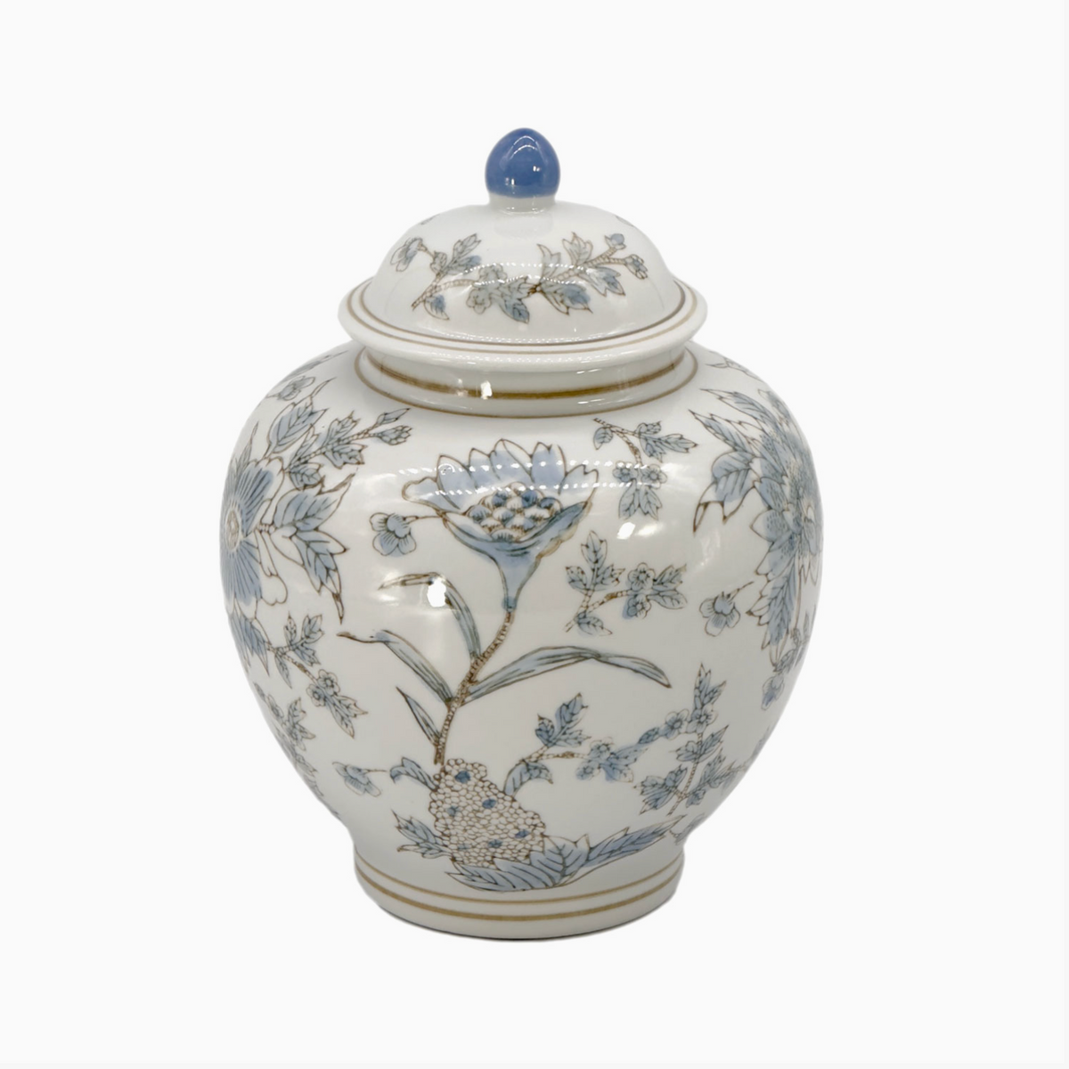 White & Blue Ceramic Chinoiserie Floral Jar 10"