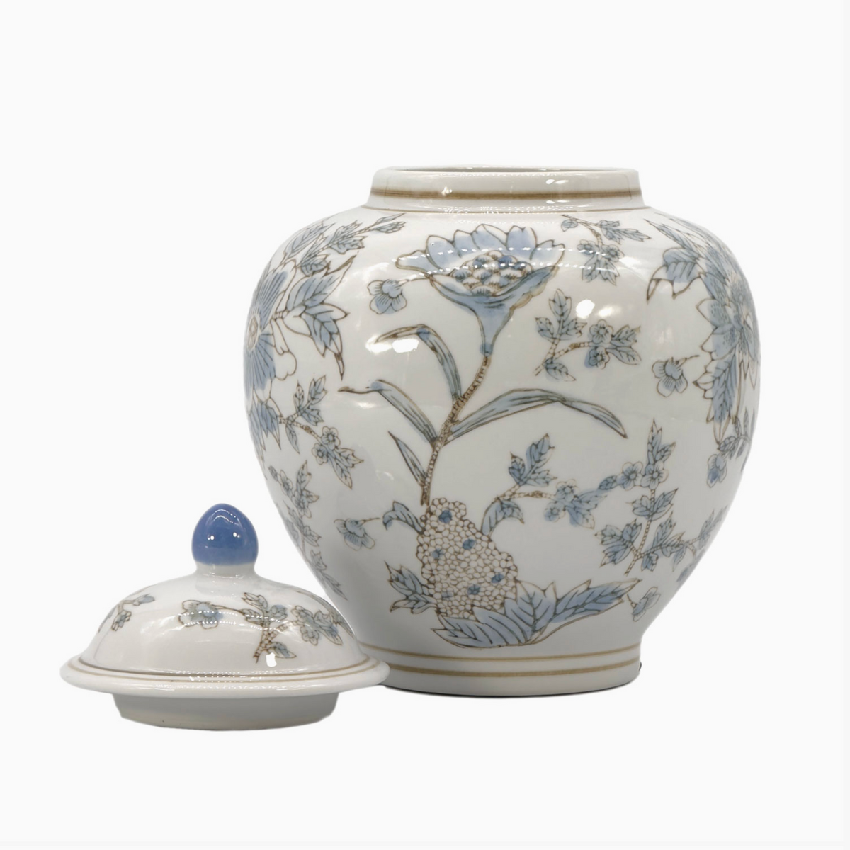 White & Blue Ceramic Chinoiserie Floral Jar 10"