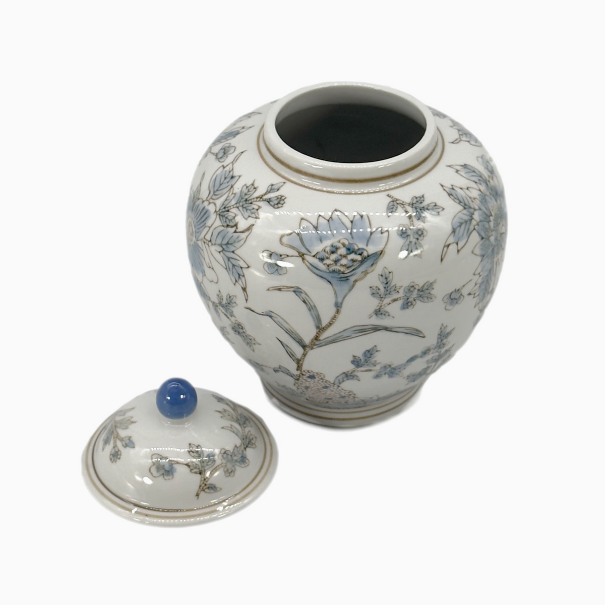 White & Blue Ceramic Chinoiserie Floral Jar 10"