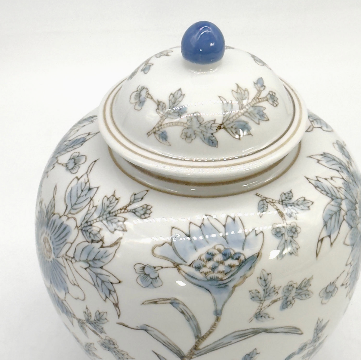 White & Blue Ceramic Chinoiserie Floral Jar 10"