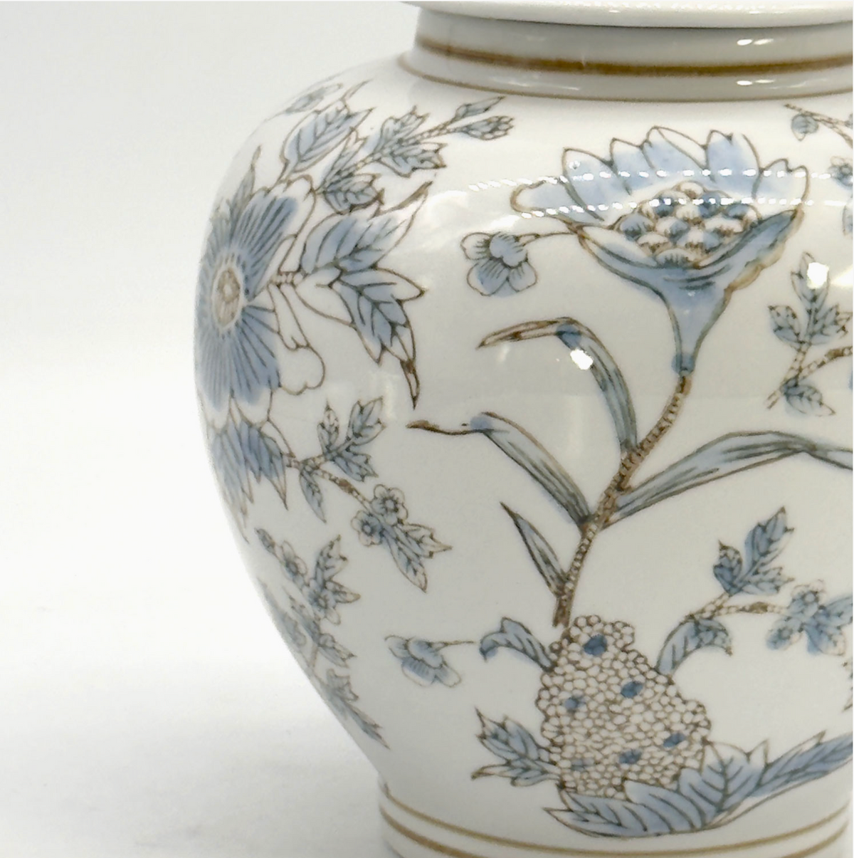 White & Blue Ceramic Chinoiserie Floral Jar 10"
