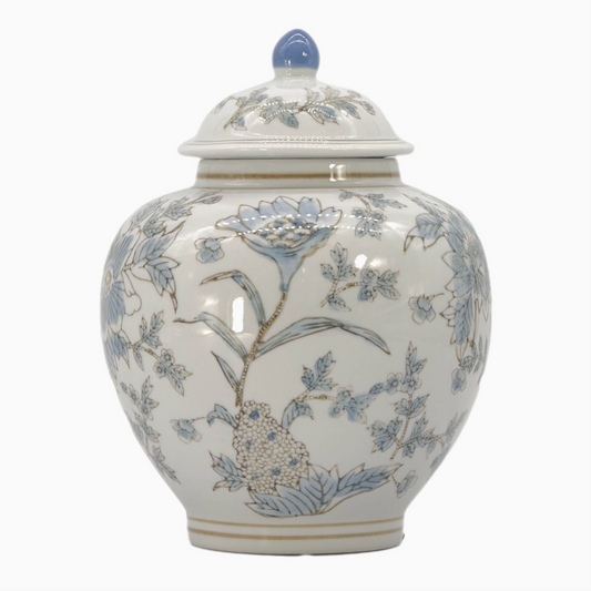 White & Blue Ceramic Chinoiserie Floral Jar 10"