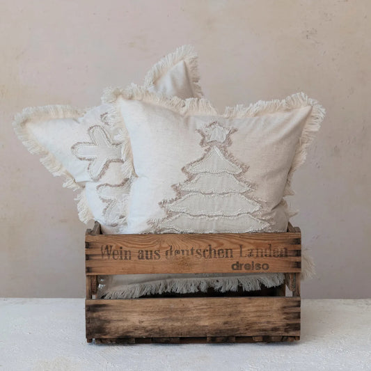 18" Square Woven Cotton & Linen Pillow w/ Fringe, 2 Styles